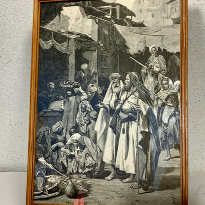 Antique Danish woodcut. Bazaar in Cairo. From 1881.