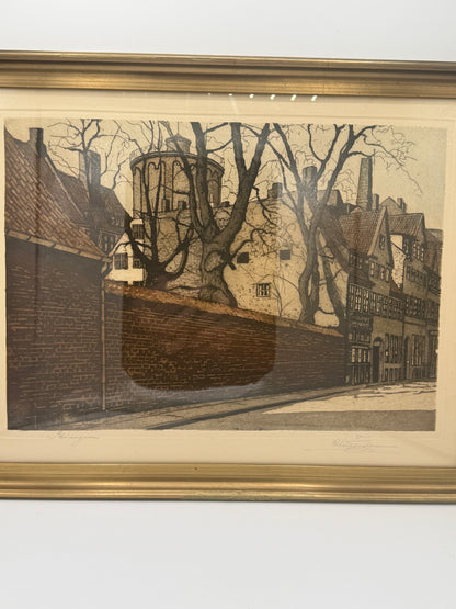 Charles Hansen. Håndkoloreret Radering af Rundetårn fra Skindergade, København. Fra start 20.Årh