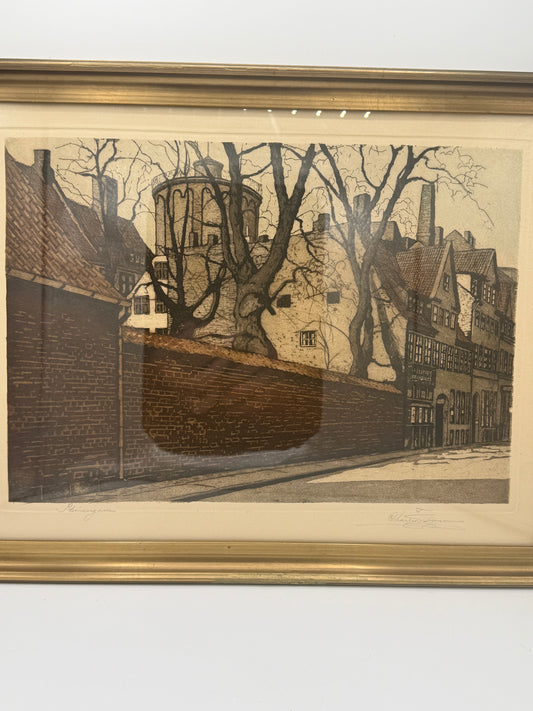 Charles Hansen. Håndkoloreret Radering af Rundetårn fra Skindergade, København. Fra start 20.Årh