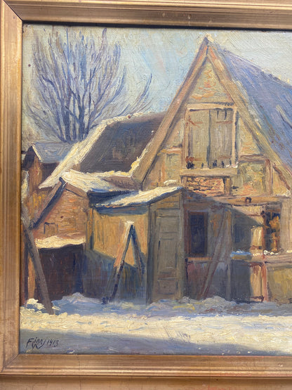 Finn W. Ekspressionistisk oliemaleri af snedækket gårdmiljø. Danmark. Fra 1913. Signeret