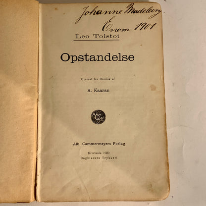 Leo Tolstoy. Opstandelse. Antikvarisk norsk bog. Fra 1900.