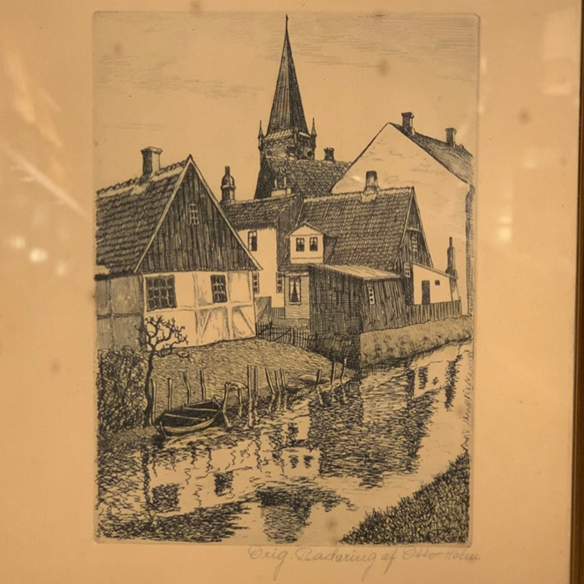Otto Holm (f.1879-1966) Radering af Vejle med Skt. Nicolai kirke, fra 1937.