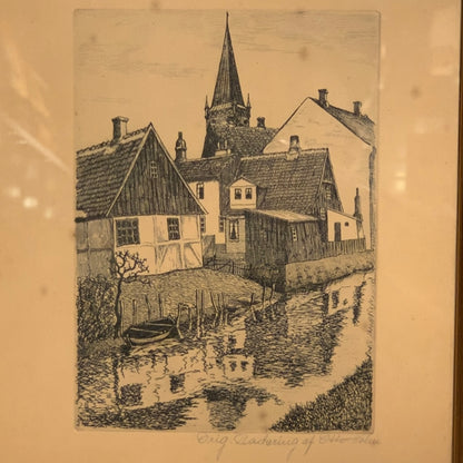 Otto Holm (f.1879-1966) Radering af Vejle med Skt. Nicolai kirke, fra 1937.