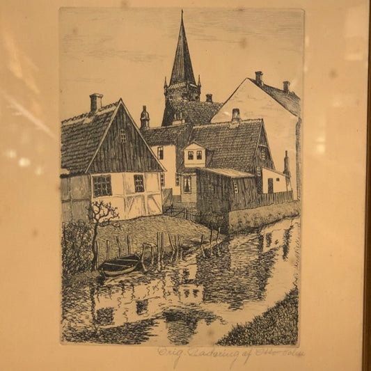 Otto Holm (f.1879-1966) Radering af Vejle med Skt. Nicolai kirke, fra 1937.