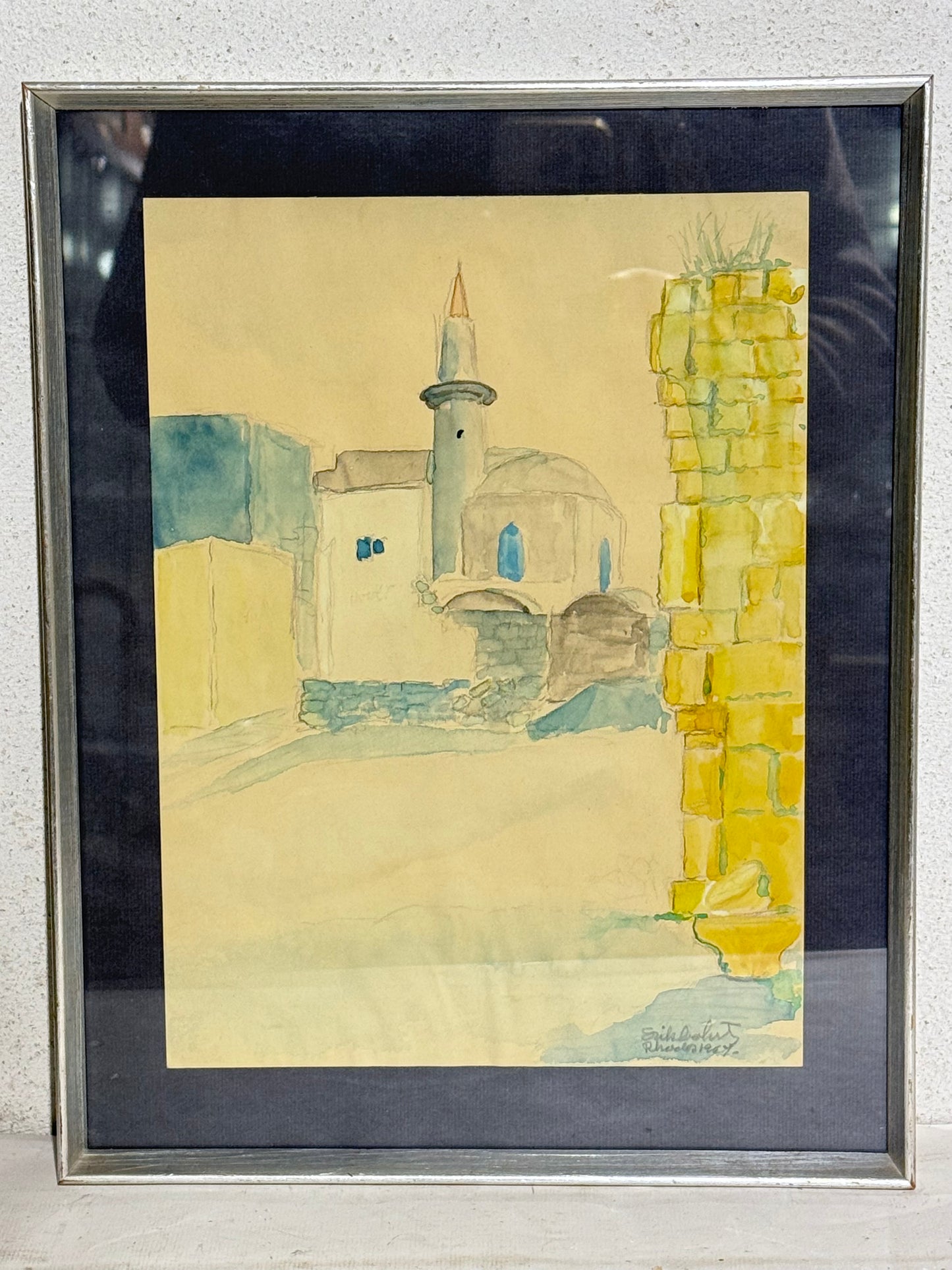 Erik Cohrt (f.1902-1970.) Akvarel maleri af bymotiv, Rhodos. Fra 1964