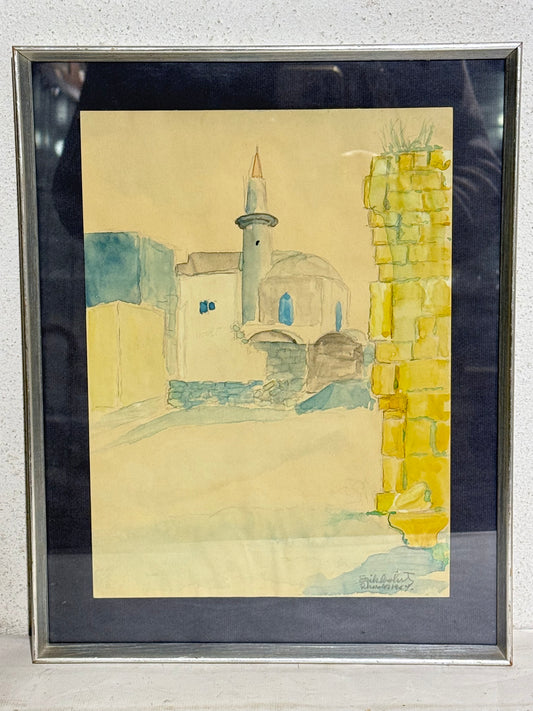 Erik Cohrt (f.1902-1970.) Akvarel maleri af bymotiv, Rhodos. Fra 1964