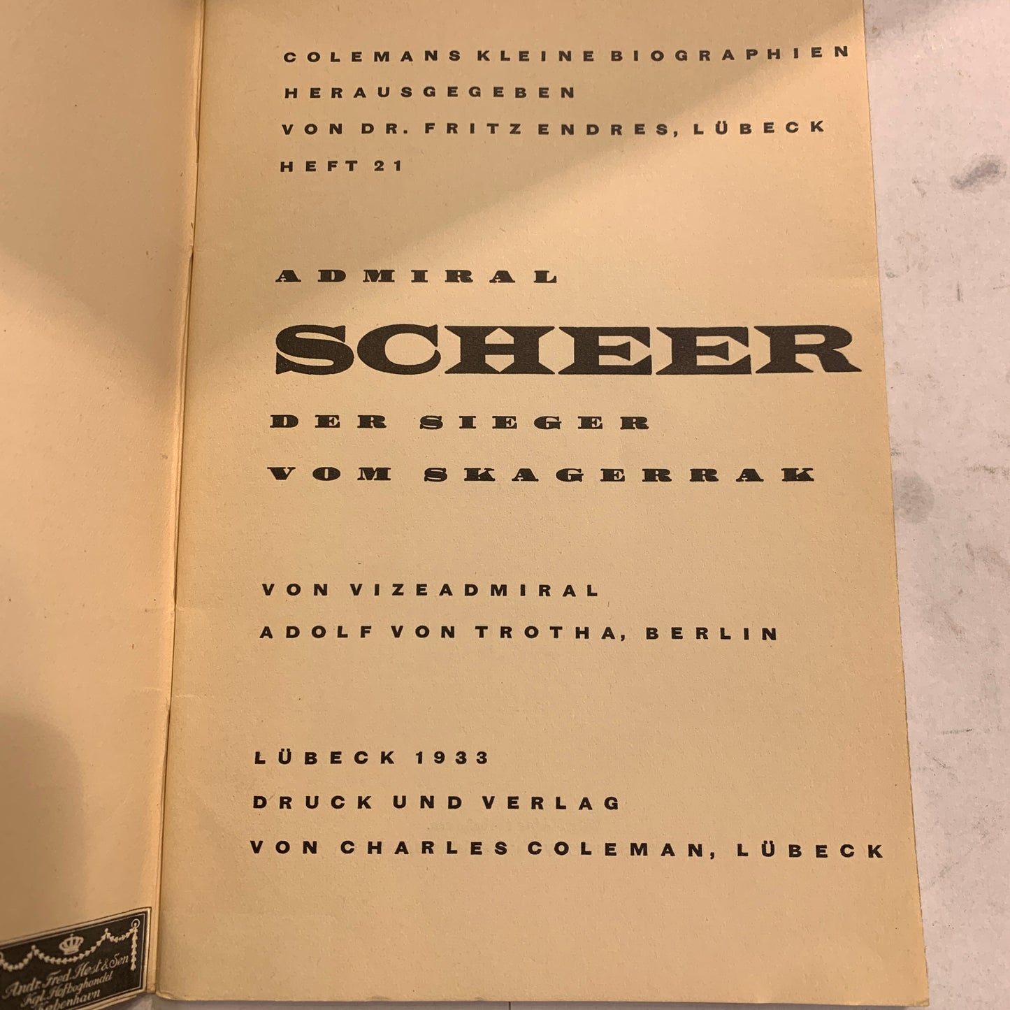 Admiral Scheer von Adolf von Trotha, ældre tysk biografi hæfte, fra 1933.