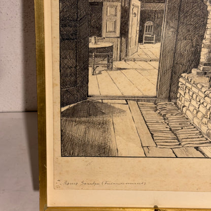 Benjamin Dahlerup (1898–1959) original blæk illustration tegning af Rømøgaarden (Frilandsmuseet.) Fra 1942.