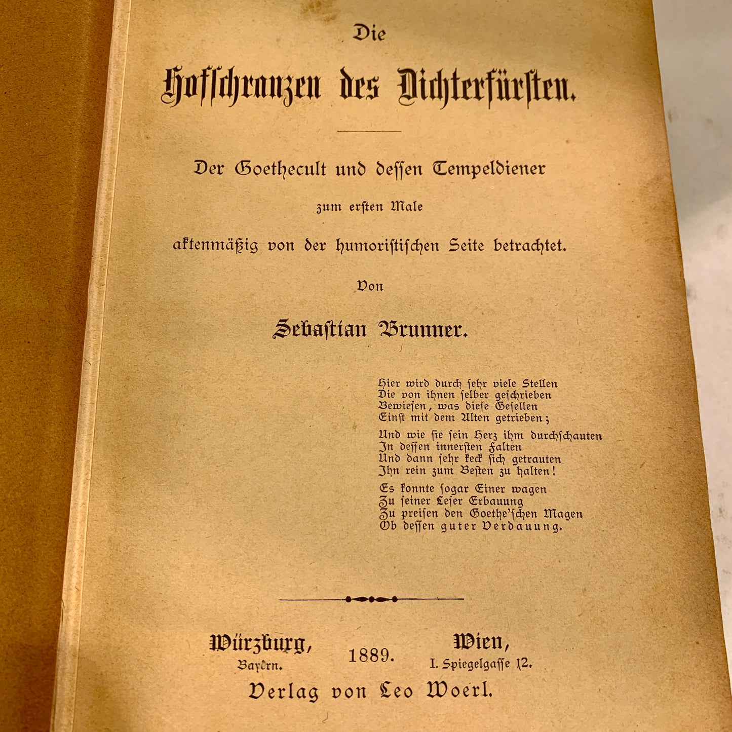 Sebastian Brunner, Der Goethecult.., 1. Udgave, fra 1889. Antikvarisk tysk bog.