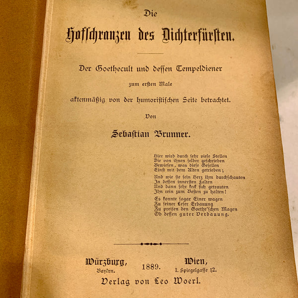 Sebastian Brunner, Der Goethecult.., 1. Udgave, fra 1889. Antikvarisk tysk bog.