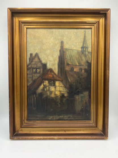 Ove Carl Svenson (f. 1880-1976). Sct. Olai Kirke set fra Sofiegade, Helsingør. Ekspressionistisk oliemaleri. Danmark. Fra 1925.