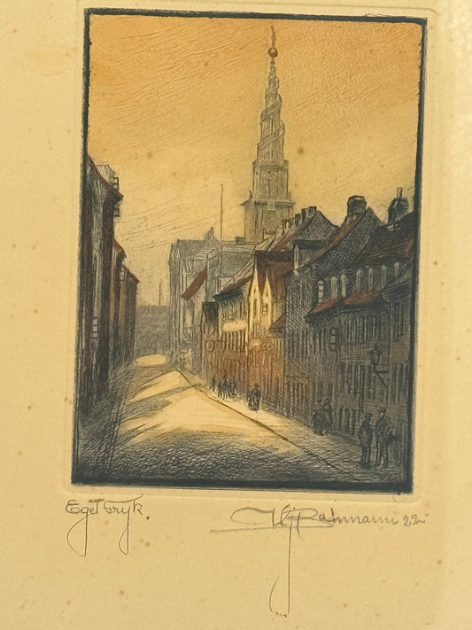 Hjalmar Bachmann (f.1880–1940) Håndkoloreret Radering af Vor Frelsers kirke, København. Fra 1922