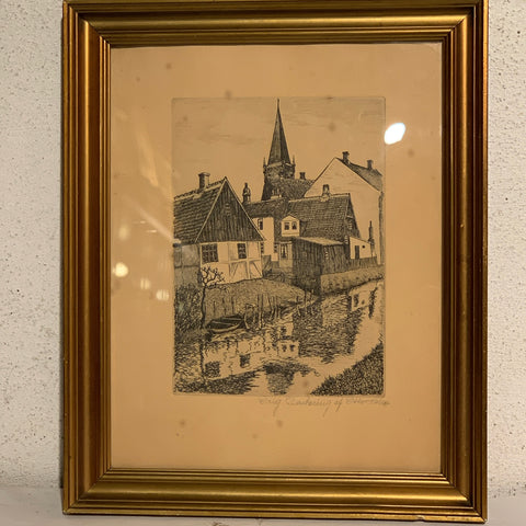 Otto Holm (f.1879-1966) Radering af Vejle med Skt. Nicolai kirke, fra 1937.