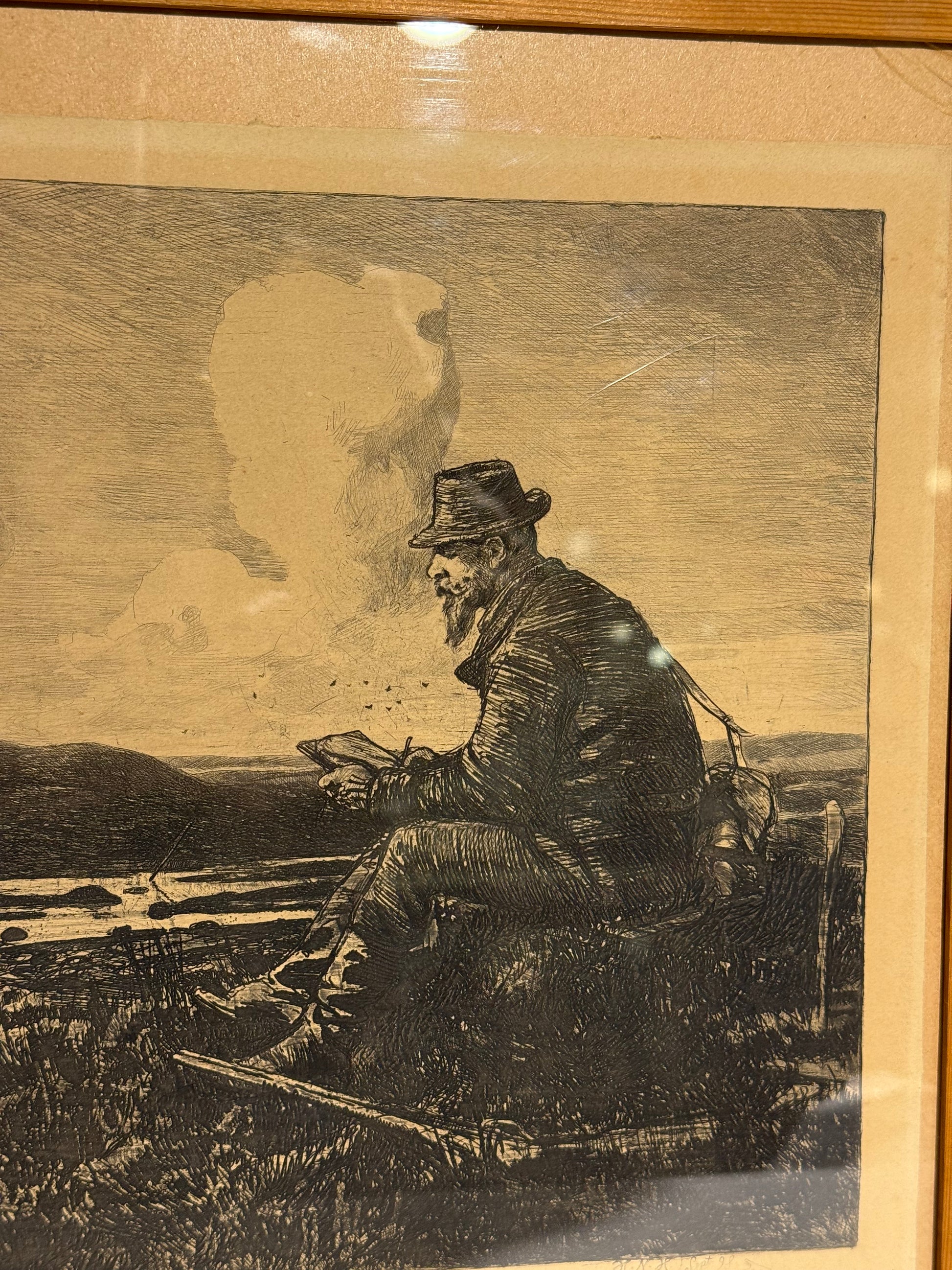 Hans Nikolaj Hansen (f.1853-1923) Radering. Jæger på heden. Slut 19./Start 20.Årh