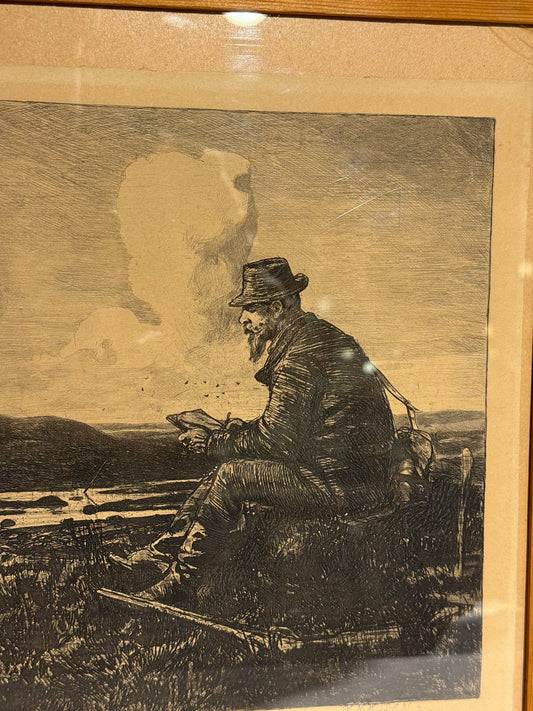 Hans Nikolaj Hansen (f.1853-1923) Radering. Jæger på heden. Slut 19./Start 20.Årh