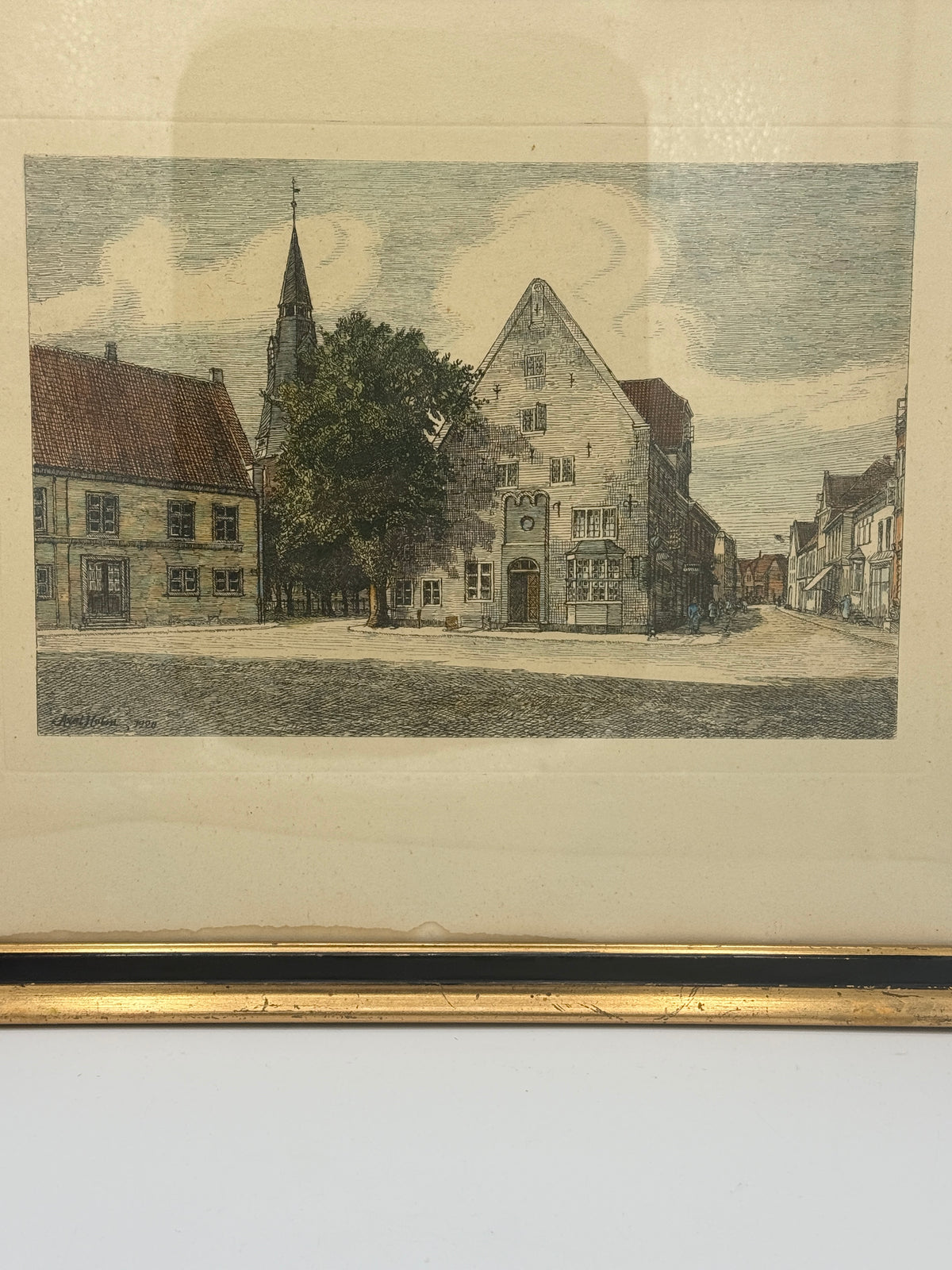 Et håndkoloreret radering af Tønder torv, fra 1920