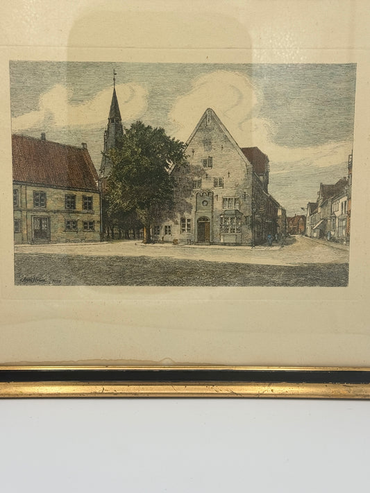 Et håndkoloreret radering af Tønder torv, fra 1920