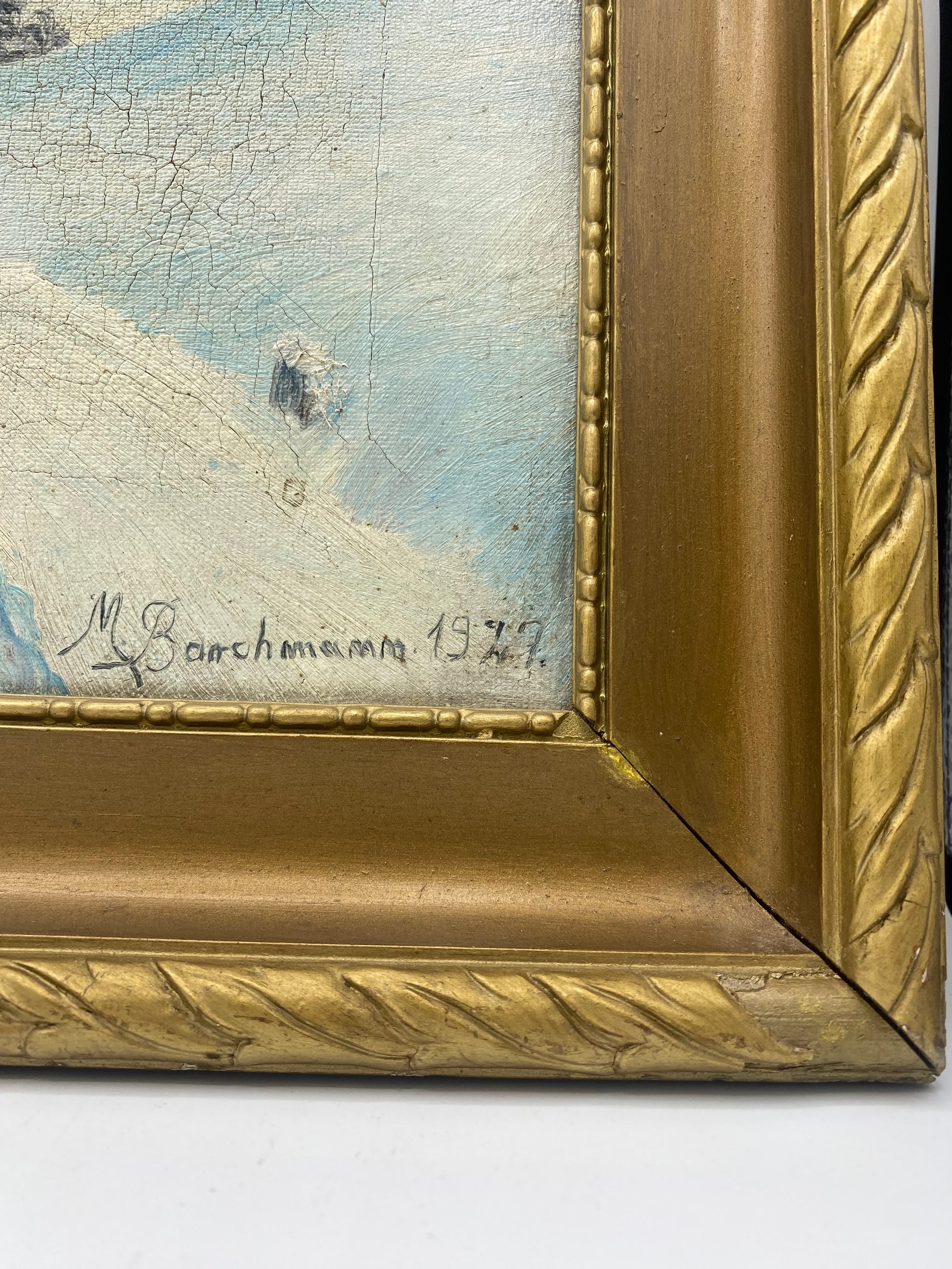 M. Barchmann. Naturalistisk oliemaleri af vinterlandskab med gående figur. Danmark. Fra 1927