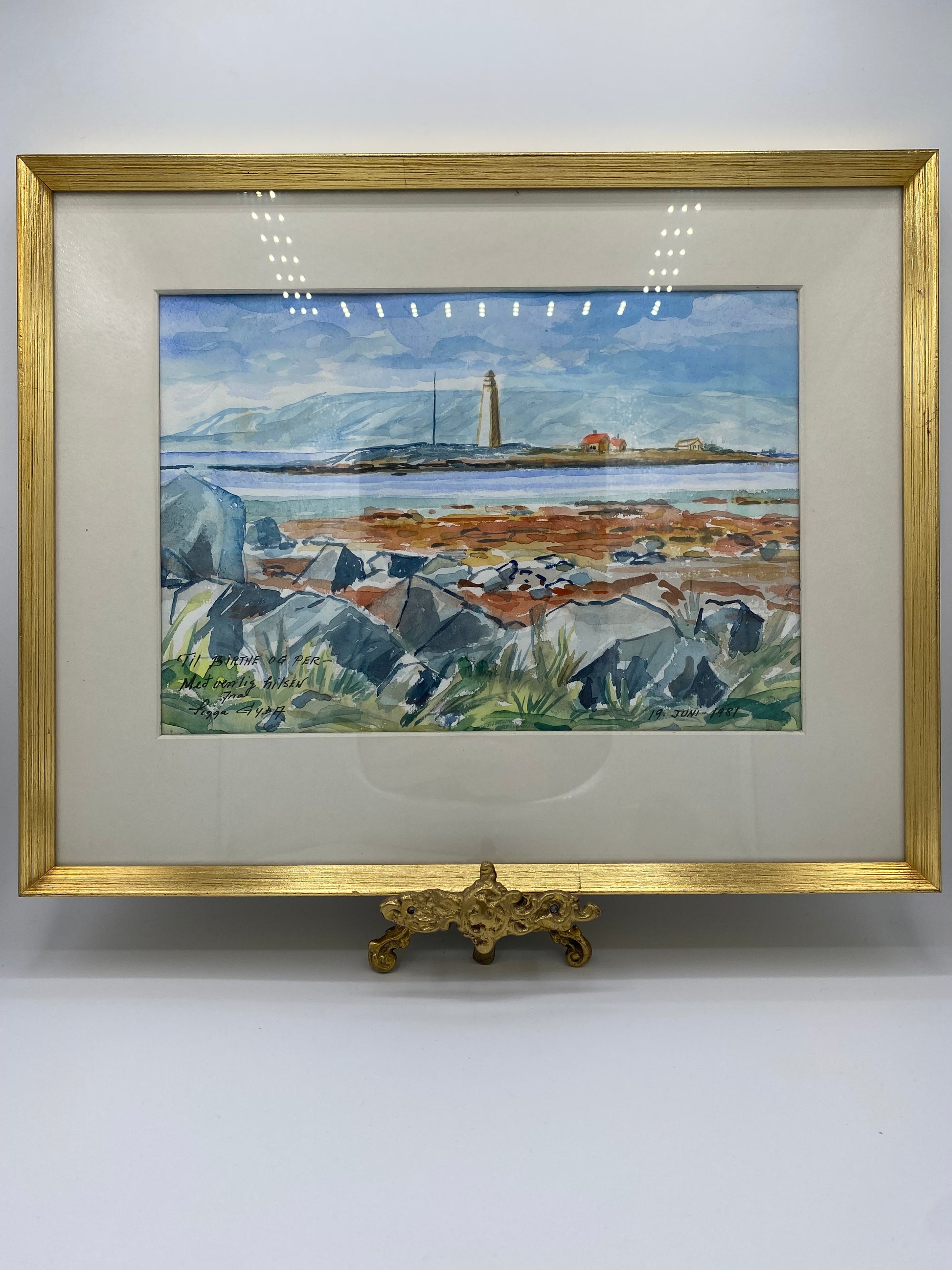 Sigga Gyda. Impressionistisk akvarel af islandsk kystlandskab med fyrtårn. Island. Fra 1981