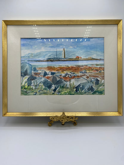 Sigga Gyda. Impressionistisk akvarel af islandsk kystlandskab med fyrtårn. Island. Fra 1981