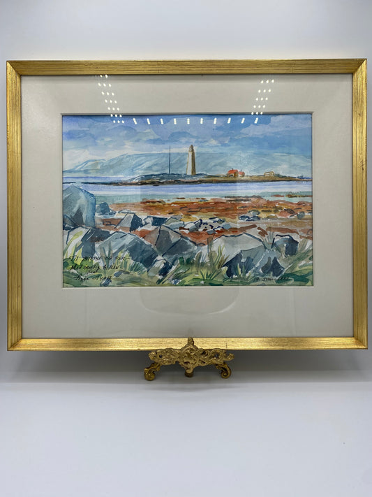 Sigga Gyda. Impressionistisk akvarel af islandsk kystlandskab med fyrtårn. Island. Fra 1981