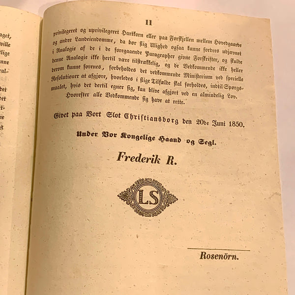 Lovtekst, udgivet år 1850. 1.Udgave, 1.Oplag.