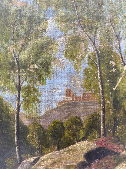 Skovparti ved Hammershus. Nationalromantisk oliemaleri. Danmark. Start/midt 1800-tallet. Monogramsigneret HF