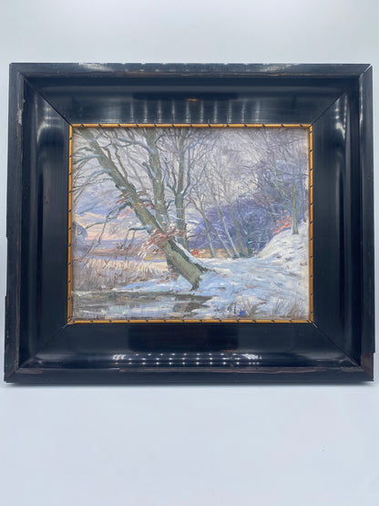 Peter Holm (1889-1966). Impressionistisk oliemaleri af vinterlandskab med skovsø. Slut 19./start 20. årh. Signeret