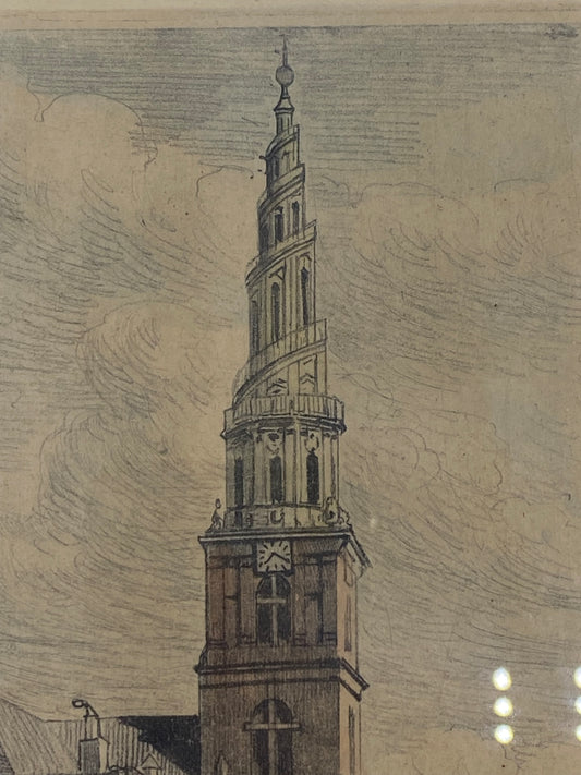 Martin Frederik Larsen (f.1881-1952). Radering af Vor Frelsers Kirke, København. Start 20. Årh