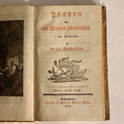 Moses Mendelsohn. Phadon. Antikvarisk bog. 1.Udgave. 1.Oplag. Fra 1779.