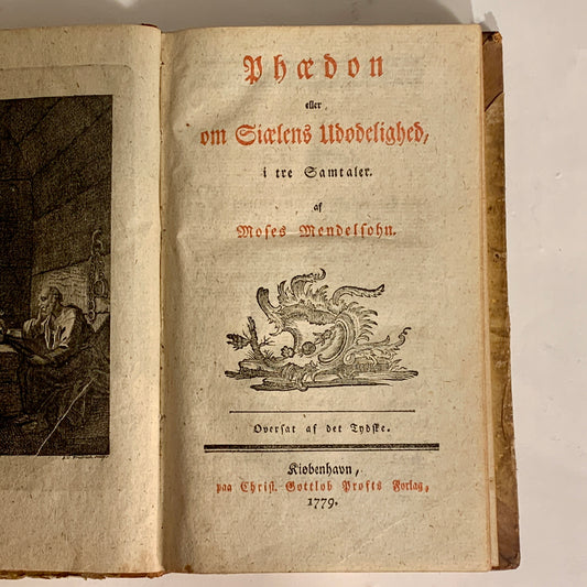 Moses Mendelsohn. Phadon. Antikvarisk bog. 1.Udgave. 1.Oplag. Fra 1779.