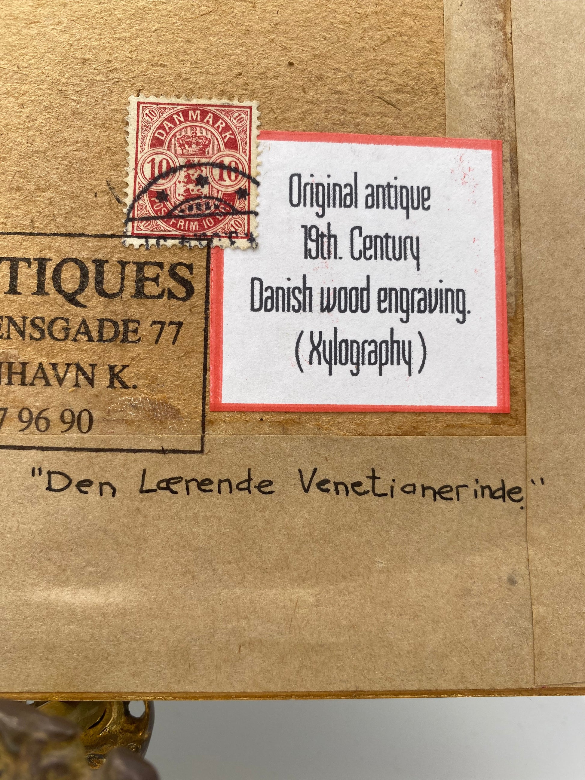 Den Lærende Venetianerinde. Antik dansk træsnitsgravering. Fra 1895
