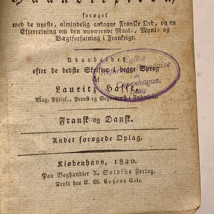 Fransk-Dansk & Dansk-Fransk Haand lexicon, Lauritz Happenhague. Fra 1820.