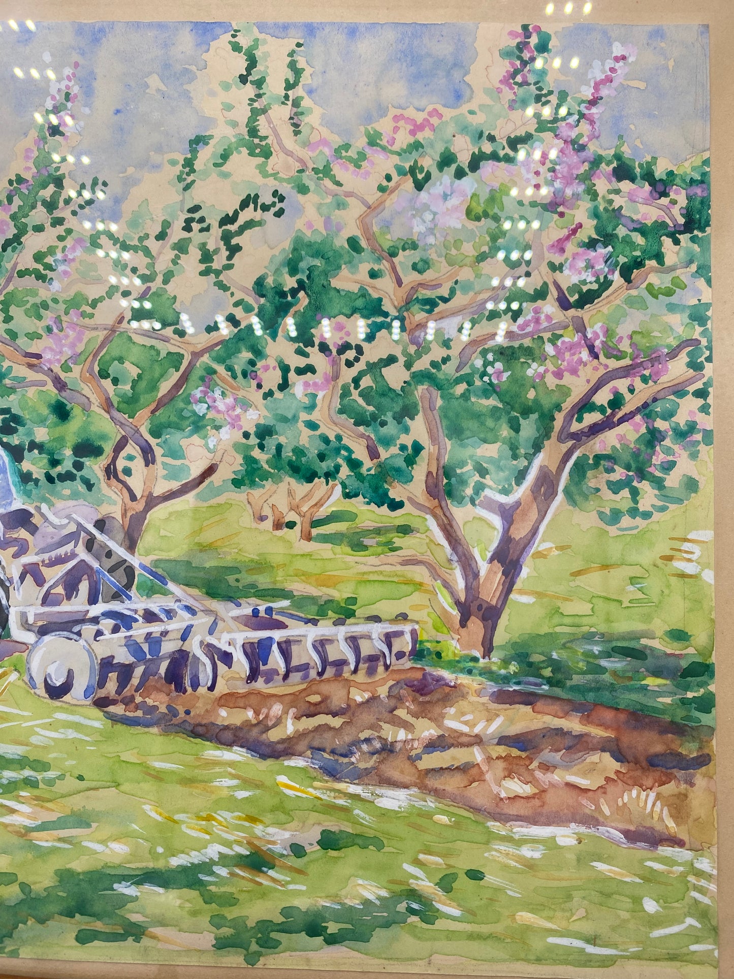 Impressionistisk akvarel af traktor i blomstrende frugthave. Dansk. Midt 20. årh. Usigneret