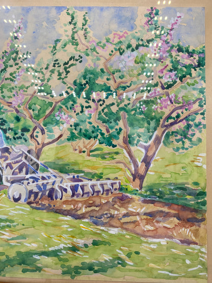 Impressionistisk akvarel af traktor i blomstrende frugthave. Dansk. Midt 20. årh. Usigneret