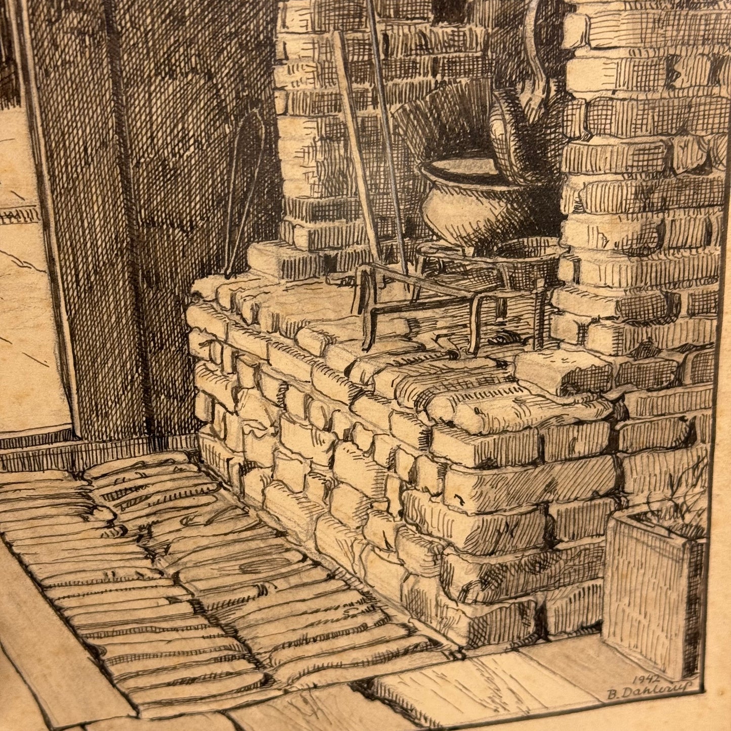 Benjamin Dahlerup (1898–1959) original blæk illustration tegning af Rømøgaarden (Frilandsmuseet.) Fra 1942.