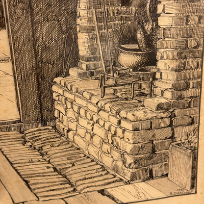 Benjamin Dahlerup (1898–1959) original blæk illustration tegning af Rømøgaarden (Frilandsmuseet.) Fra 1942.