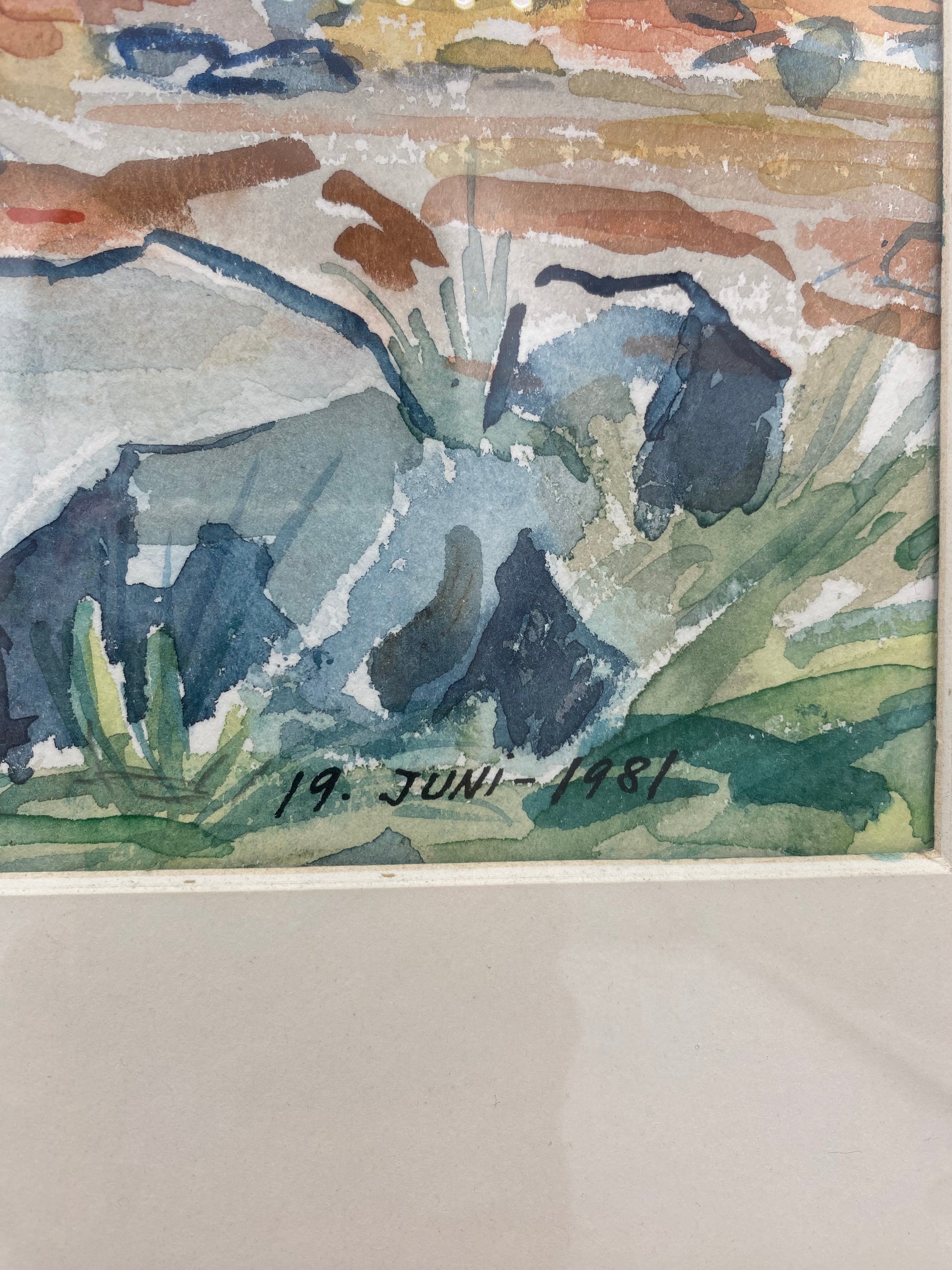 Sigga Gyda. Impressionistisk akvarel af islandsk kystlandskab med fyrtårn. Island. Fra 1981
