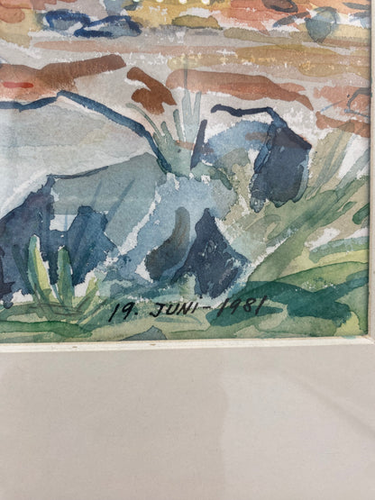 Sigga Gyda. Impressionistisk akvarel af islandsk kystlandskab med fyrtårn. Island. Fra 1981
