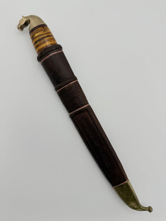 Vintage Lisakki Järvenpää Oy Hevospuukko kniv med skede. Finland. Midt 20. Årh