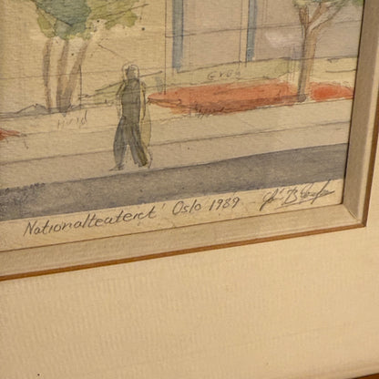 Akvarel tegning af Nationalteatret Oslo, fra 1989. Signeret.