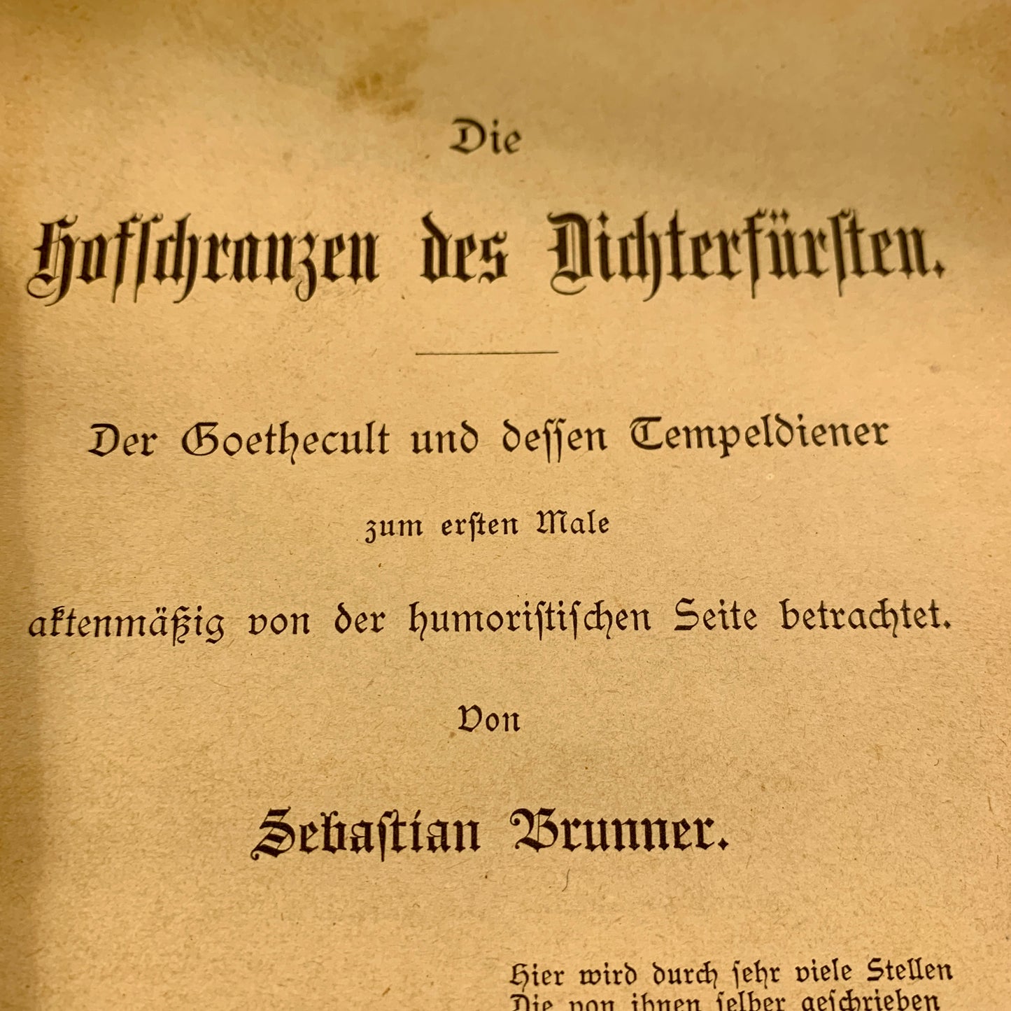 Sebastian Brunner, Der Goethecult.., 1. Udgave, fra 1889. Antikvarisk tysk bog.