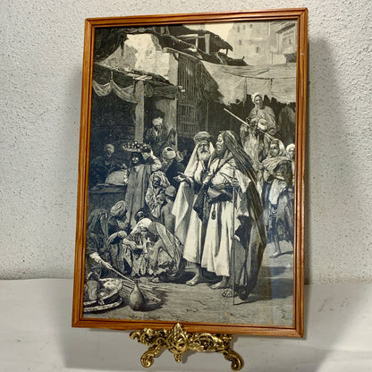 Antique Danish woodcut. Bazaar in Cairo. From 1881.