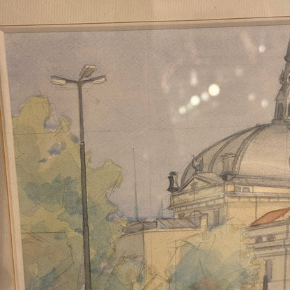 Akvarel tegning af Nationalteatret Oslo, fra 1989. Signeret.