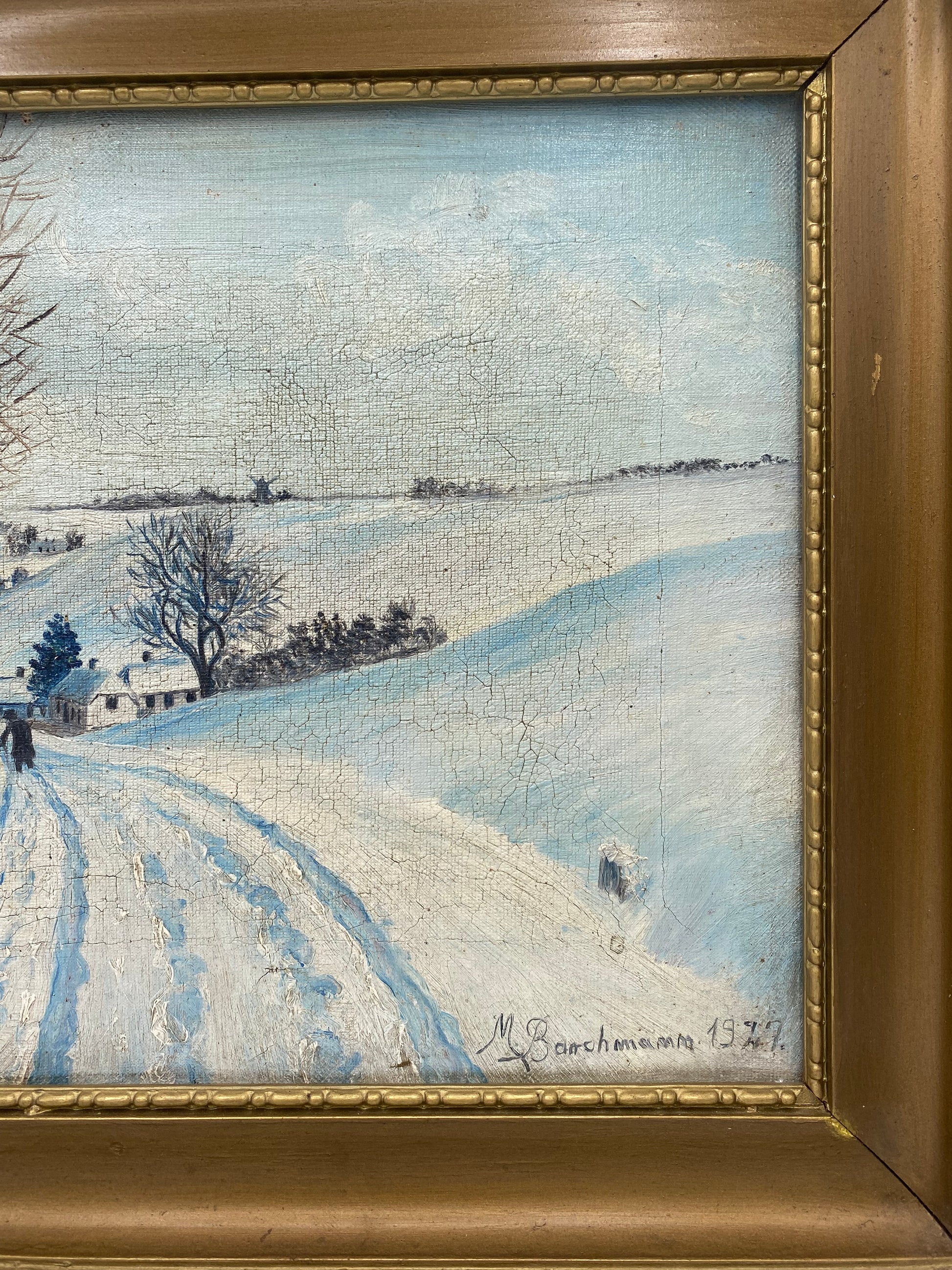 M. Barchmann. Naturalistisk oliemaleri af vinterlandskab med gående figur. Danmark. Fra 1927