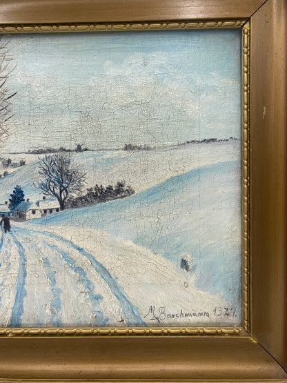M. Barchmann. Naturalistisk oliemaleri af vinterlandskab med gående figur. Danmark. Fra 1927