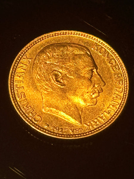 10 kr. Dansk Christian X. 21,6 karat Guldmønt, fra 1917.