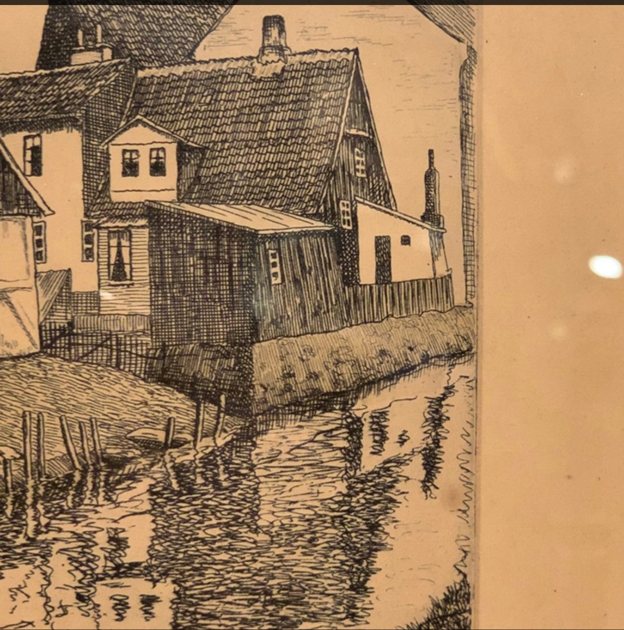 Otto Holm (f.1879-1966) Radering af Vejle med Skt. Nicolai kirke, fra 1937.