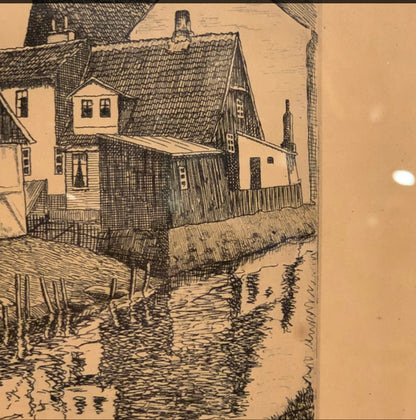 Otto Holm (f.1879-1966) Radering af Vejle med Skt. Nicolai kirke, fra 1937.