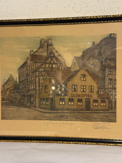 Charles M. Hansen (f.1888-1962) Koloreret radering af værtshuset “Sluk efter”, København. Start 20.Årh
